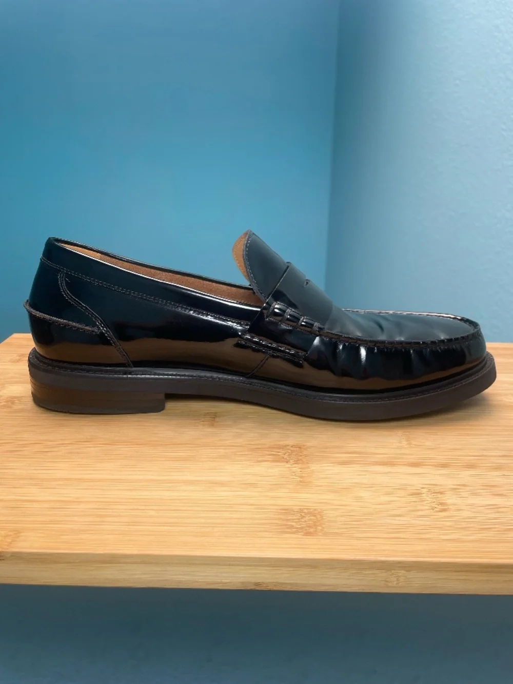 Cole Haan Mens Pinch Prep Penny Loafers Sz 10.5 Patent Leather Black Moc Toe EUC